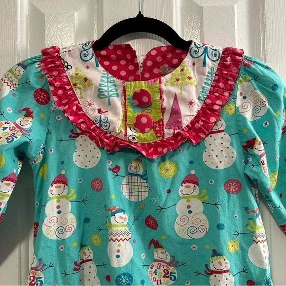 Jelly The Pug Snowman Holiday Ruffle Dress 100% Cotton Girls Size 8 - Picture 4 of 7